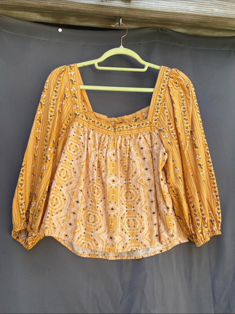 C&C California Mustard Yellow Patterned Square-Neck Puff Sleeve Blouse